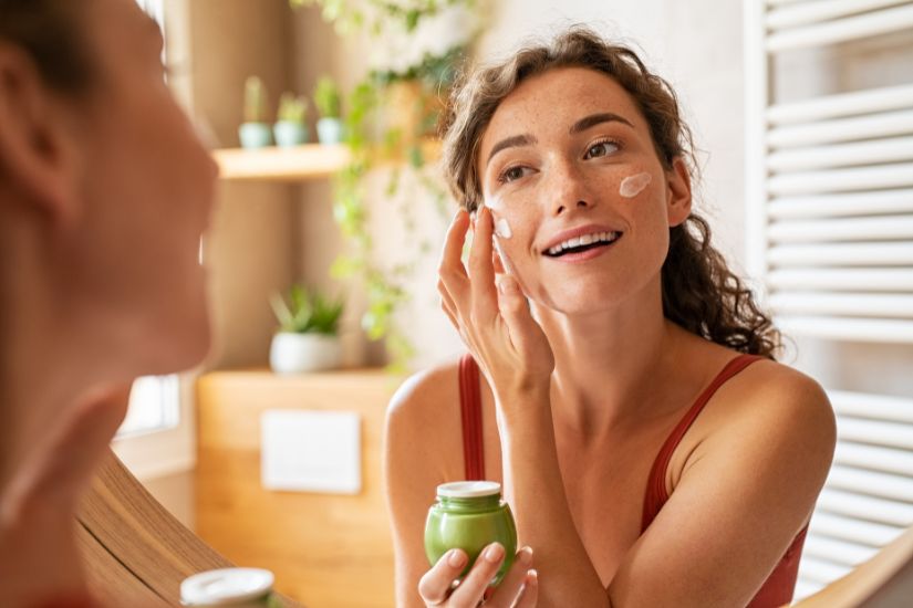 Waking up early is a challenge. But if you have children or a job, this can be a great opportunity to use this early time as a head start on the day. A woman putting cream on her face.