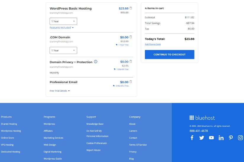 After confirming your cart, proceed to checkout by entering your contact details, account password, and payment information. Bluehost cart