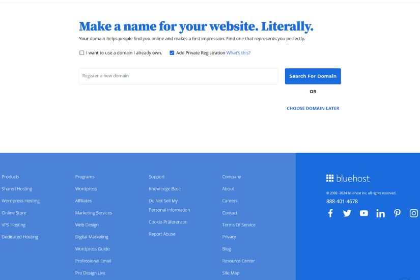 After choosing your hosting plan, the next step is to register your domain name if you don’t already have one. Bluehost dashboard