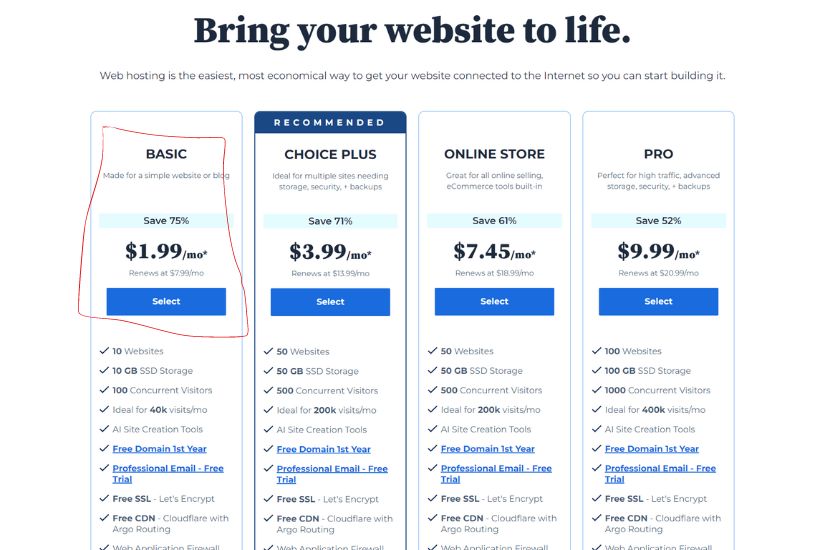 Selecting a Hosting Provider, Bluehost plans